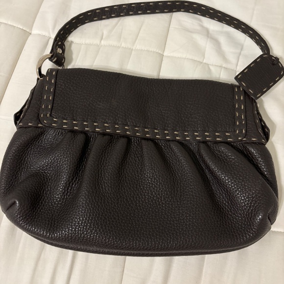 Auth Fendi Black Selleria Chef Leather Baguette Preloved Shoulder Bag Whipstitch - Picture 2 of 5